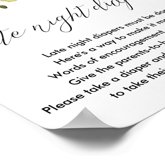 赤面ピンク白フローラ深夜おむつサイン ポスター (角)