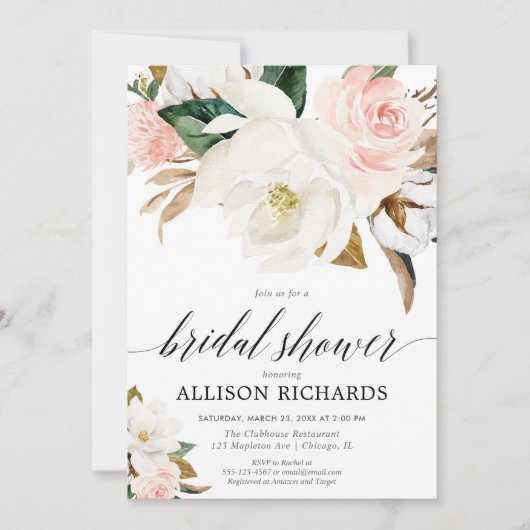赤面ピンク白フローラ素朴秋ブライダルシャワー 招待状 (正面)