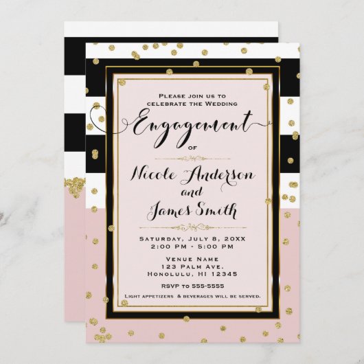 赤面ピンク白黒金ゴールドグラム婚約パーティ 招待状 (正面/裏面)