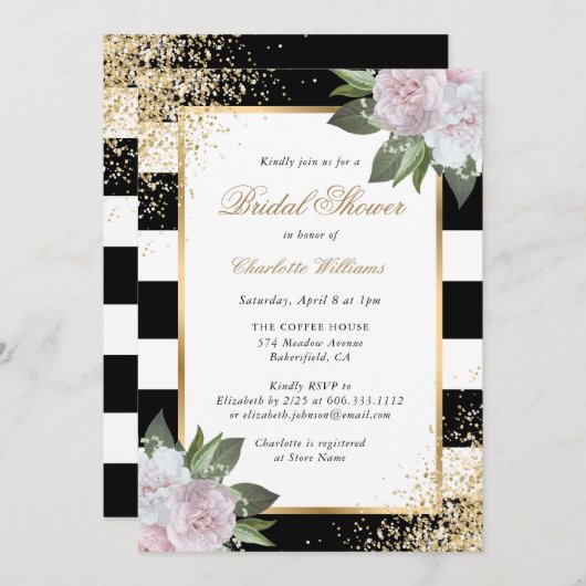 赤面ピンク白黒金ゴールドフローラブライダルシャワー 招待状 (正面/裏面)