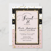 赤面ピンク白黒&金ゴールドグラムスウィート16パーティー 招待状 (正面)
