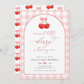 赤面ピンク私たちの甘いさくらんぼガール1st誕生日 招待状 (正面/裏面)