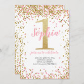 赤面ピンク紙吹雪ガールファースト誕生日金ゴールド 招待状 (正面/裏面)
