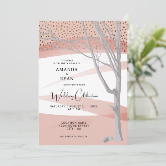 赤面ピンク素朴ウィンターツリーウォーター結婚カラー 招待状 (スタンド正面)
