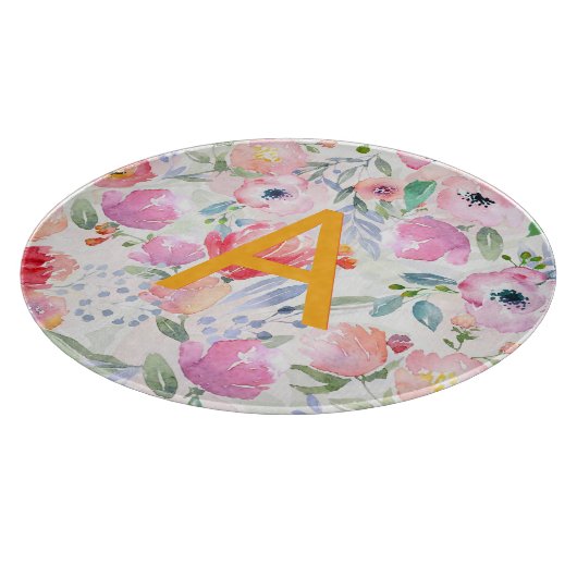 赤面ピンク紫色の花シックなモノグラム カッティングボード (角)