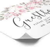 赤面ピンク結婚フローラのゲストブックサイン ポスター (角)