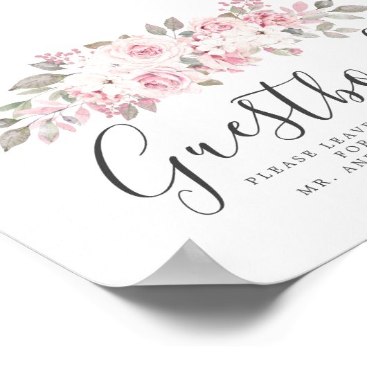 赤面ピンク結婚フローラのゲストブックサイン ポスター (角)