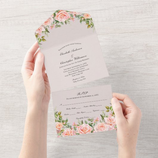 赤面ピンク結婚フローラの全てを一つの招待状 オールインワン招待状 (貼ってはがせる)