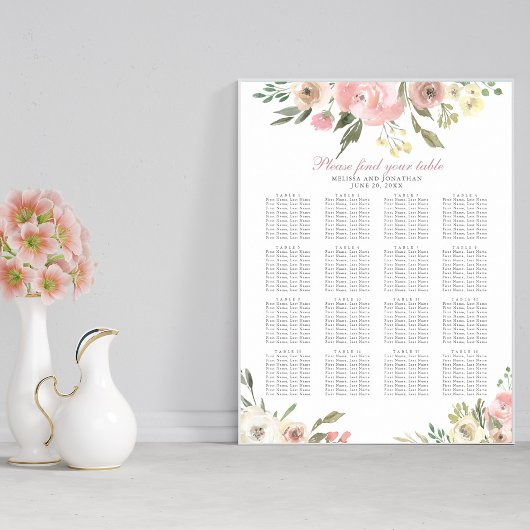 赤面ピンク結婚フローラ16テーブル座席表 ポスター