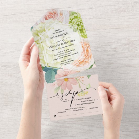 赤面ピンク結婚フローラ オールインワン招待状 (貼ってはがせる)