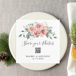 赤面ピンク結婚ローズのQRコード共有写真 スタンダードカクテルナプキン