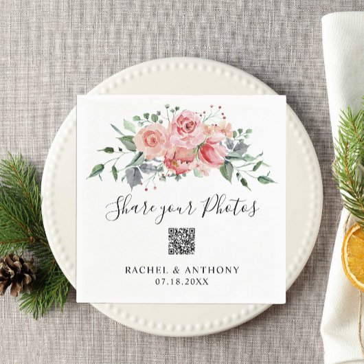 赤面ピンク結婚ローズのQRコード共有写真 スタンダードカクテルナプキン