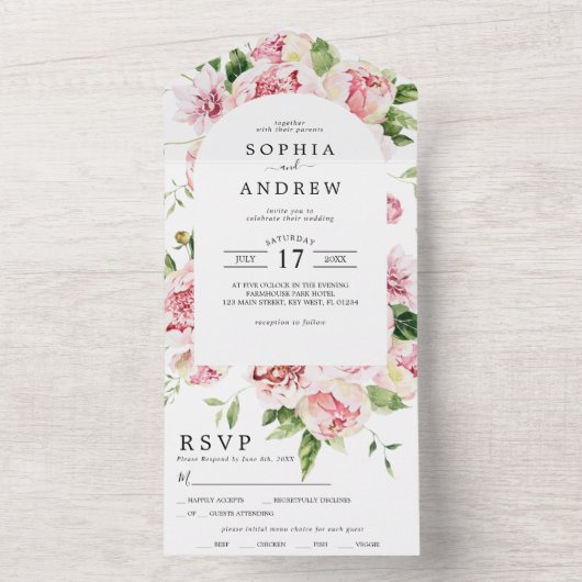 赤面ピンク結婚牡丹の全てを一つにする オールインワン招待状 (内側)