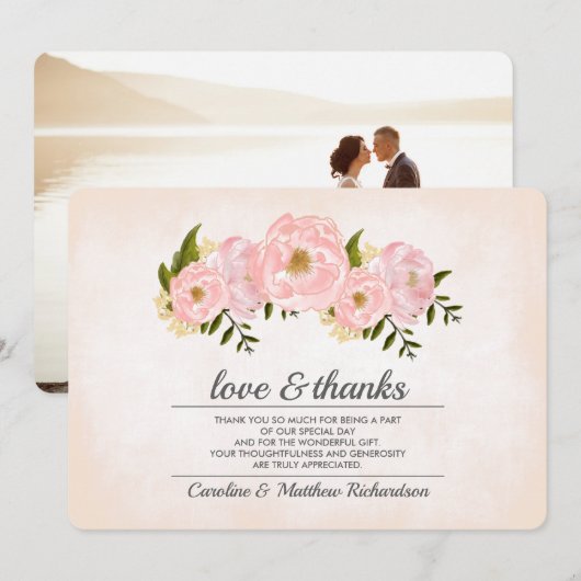 赤面ピンク結婚牡丹の感謝フォトカード サンキューカード (正面/裏面)