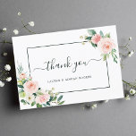 赤面ピンク結婚開花サンキューカード サンキューカード<br><div class="desc">この結婚サンキューカードは絵を描赤面のピンク、白、緑の葉に水色の花を長方形の枠で描いた。このデザインの高度なカスタマイズについてクリックは、「更カスタマイズに」リンクをクリック。一致するアイテムも利用可能である。</div>