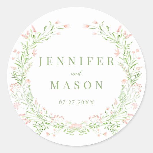 赤面ピンク緑の野草リース素朴結婚性 ラウンドシール (正面)