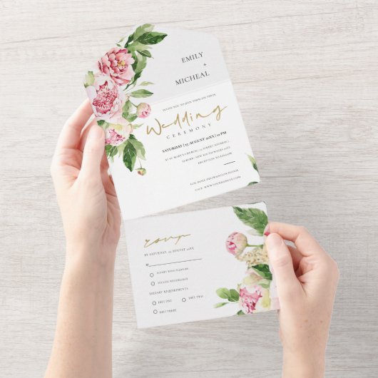 赤面ピンク緑牡丹フローラ水色結婚A オールインワン招待状 (貼ってはがせる)