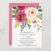 赤面ピンク美しいフローラ,結婚のリハーサルディナー 招待状 (正面/裏面)