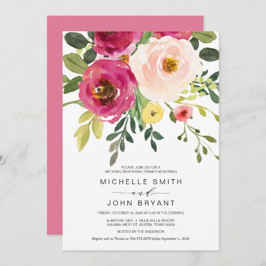 赤面ピンク美しいフローラ,結婚のリハーサルディナー 招待状 (正面/裏面)