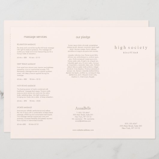 赤面ピンク美しいヘアサロンスパ3折パンフレット (正面/裏面)