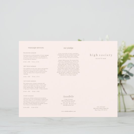 赤面ピンク美しいヘアサロンスパ3折パンフレット (スタンド正面)