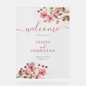 赤面ピンク色のフローラ結婚の歓迎サイン アクリルサイン (正面)