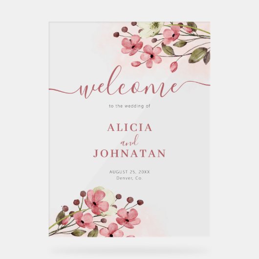 赤面ピンク色のフローラ結婚の歓迎サイン アクリルサイン (正面)