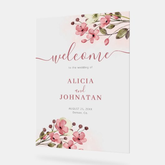 赤面ピンク色のフローラ結婚の歓迎サイン アクリルサイン (傾斜)