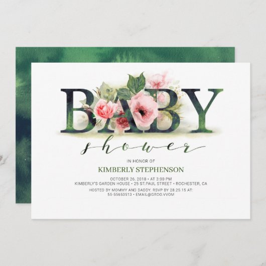 赤面ピンク花模様タイポグラフィベビーシャワー 招待状 (正面/裏面)