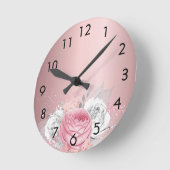 赤面ピンク花模様バラホワイトメタルエレガント ラウンド壁時計 (傾斜)