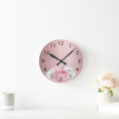 赤面ピンク花模様バラホワイトメタルエレガント ラウンド壁時計 (ホーム)