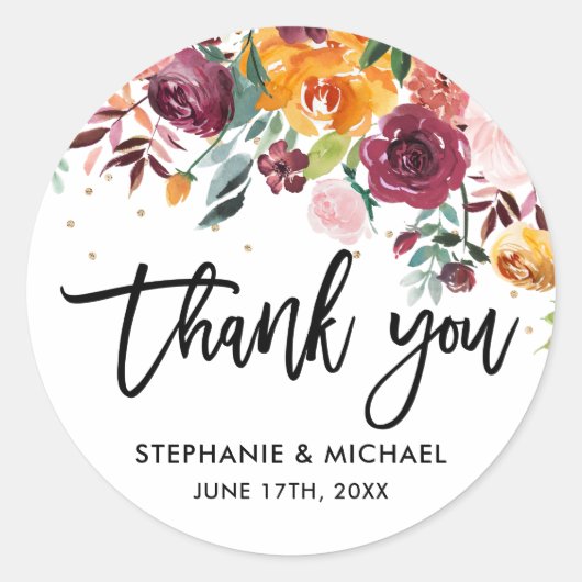 赤面ピンク花模様ボタニカル結婚サンキュー ラウンドシール (正面)