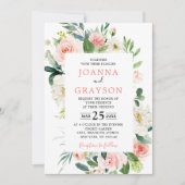 赤面ピンク花模様モダンボタニッ結婚クス 招待状 (正面)
