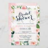赤面ピンク花模様モダン植物学ブライダルシャワー 招待状 (正面/裏面)