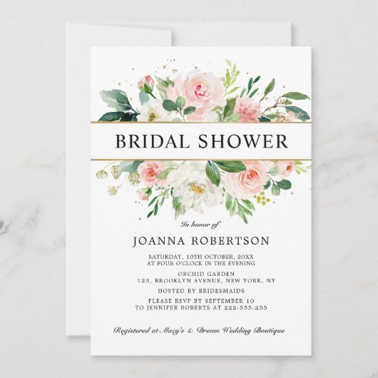 赤面ピンク花模様モダン金ゴールドブライダルシャワー 招待状 (正面)