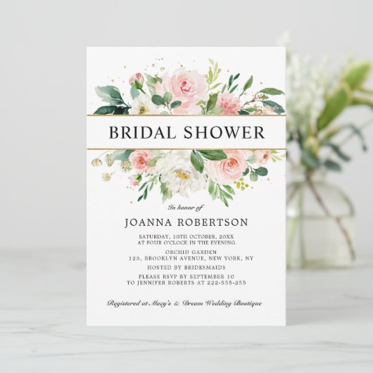 赤面ピンク花模様モダン金ゴールドブライダルシャワー 招待状 (スタンド正面)