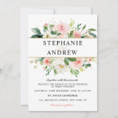 赤面ピンク花模様モダン金ゴールド幾何結婚図形 招待状 (正面)