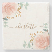 赤面ピンク花模様ユーカリ金ゴールドグリッター名 ストーンコースター (正面)