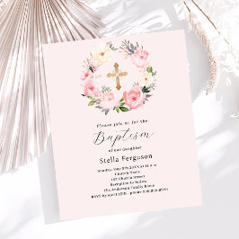 赤面ピンク花模様リースクロス洗礼招待