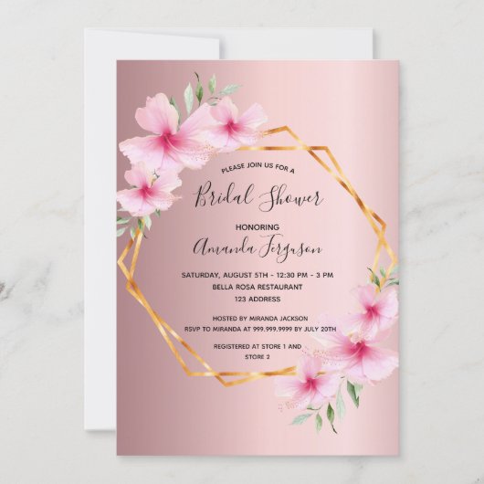 赤面ピンク花模様幾何学的ブライダルシャワー 招待状 (正面)