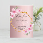 赤面ピンク花模様幾何学的ブライダルシャワー 招待状 (スタンド正面)