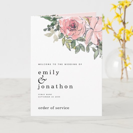 赤面ピンク花模様教会の折り畳み結婚式 プログラム (黄色い花)