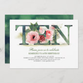 赤面ピンク花模様TEN |第10回誕生日パーティー 招待状 (正面/裏面)