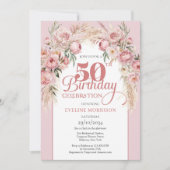 赤面ピンク花boho arch pampas 50th birthday 招待状 (正面)
