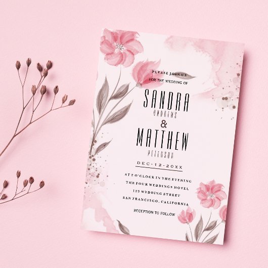 赤面ピンク茶色の水色の花結婚の 招待状