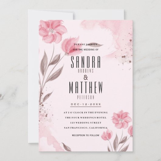 赤面ピンク茶色の水色の花結婚の 招待状 (正面)