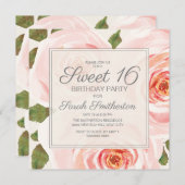 赤面ピンク葉フローラスイーツ16誕生日ガールズ 招待状 (正面/裏面)