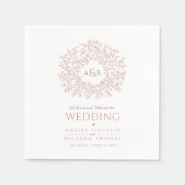 赤面ピンク葉円モノグラム結婚アートカスタムの スタンダードカクテルナプキン