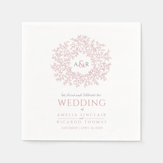 赤面ピンク葉円モノグラム結婚アートカスタムの スタンダードカクテルナプキン (正面)