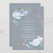 赤面ピンク薄紫ゴールデン薄紫結婚フローラ 招待状 (正面/裏面)